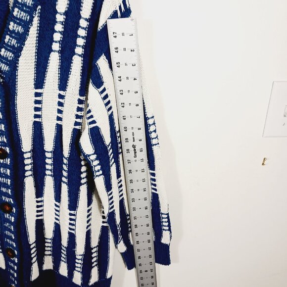 Lafayette 148 New York Cotton & Silk Cardigan, Blue & White Geometric, Size MED - Picture 12 of 14